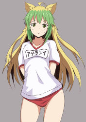 Rule 34 | absurdres, ahoge, alternate costume, animal ears, arms behind back, atalanta (fate), bad id, bad pixiv id, blonde hair, buruma, cat ears, character name, contrapposto, cowboy shot, fate/apocrypha, fate (series), gluteal fold, green eyes, green hair, grey background, highres, long hair, mitchi, multicolored hair, solo, standing, sweatdrop, thighs