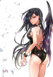Rule 34 | 1girl, black hair, black pantyhose, closed mouth, collar, crow (tomb raider king), long hair, looking at viewer, looking back, pantyhose, red eyes, serious, simple background, solo, tomb raider king, very long hair, white background, wings