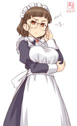 Rule 34 | 1girl, ^^^, adjusting eyewear, alternate costume, apron, artist logo, blue dress, blunt bangs, brown eyes, brown hair, commentary request, cowboy shot, dated, dress, enmaided, eyewear strap, frilled apron, frills, glasses, highres, kanon (kurogane knights), kantai collection, looking at viewer, maid, maid headdress, pince-nez, roma (kancolle), simple background, solo, wavy hair, white apron, white background