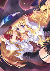 Rule 34 | 00s, 2girls, azuma hatsumi, black hair, blonde hair, blouse, blunt bangs, bow, carnelian, cover, dvd cover, garter straps, hair bow, hair ribbon, hat, holding hands, interlocked fingers, lace, lace-trimmed legwear, lace trim, lilith (yamibou), long hair, looking at viewer, lowres, miniskirt, multiple girls, official art, parted bangs, pencil skirt, purple eyes, red eyes, ribbon, shirt, siblings, sisters, skirt, thighhighs, tress ribbon, witch hat, yami to boushi to hon no tabibito, zettai ryouiki