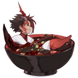Rule 34 | 1boy, bare legs, barefoot, black hair, character request, chibi, code009, colored skin, food, food request, from side, frown, horns, in bowl, in container, in food, japanese clothes, kimono, legs up, looking away, male focus, multicolored hair, multicolored skin, partially submerged, profile, red eyes, red hair, red skin, shanhai jing hua, short hair, simple background, single horn, sitting, solo, soup, streaked hair, undershirt, white background, white kimono