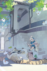 Rule 34 | 1girl, akitsu taira, animal, antenna hair, bird, blonde hair, blue bird (akitsu taira), blue eyes, blue headwear, blue skirt, bonsai, building, cat, clothed animal, day, drainpipe, duck, fantasy, headdress, highres, holding, holding pen, izumi luna (akitsu taira), long hair, lying, mouth hold, on back, original, outdoors, oversized animal, pen, plant, potted plant, reading, resting, road sign, scenery, shade, shirt, shoes, short sleeves, sign, sitting, skirt, sprout, stairs, testicles, toranyun (akitsu taira), wall, white shirt