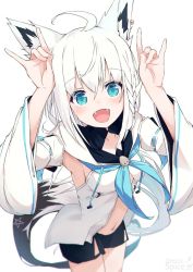 Rule 34 | 1girl, ahoge, animal ears, aqua eyes, black shorts, blue neckerchief, braid, commentary request, cowboy shot, cowlick, detached sleeves, dress, ear piercing, earrings, fangs, fox ears, fox girl, fox shadow puppet, fox tail, front slit, hair between eyes, hololive, jacket, jewelry, light blush, long hair, looking at viewer, low ponytail, microdress, midriff, navel, neckerchief, open mouth, pentagram, piercing, shirakami fubuki, shirakami fubuki (1st costume), short shorts, shorts, side braid, sidelocks, simple background, single earring, solo, spice mega, standing, star (symbol), star print, strapless, tail, virtual youtuber, white background, white dress, white hair, white jacket, white sleeves, white theme, wide sleeves