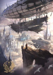 Rule 34 | aircraft, airship, bird, blurry, blurry foreground, cliff, day, fantasy, glint, melonsoda (shinryoku), original, outdoors, scenery, spire, standing, vehicle focus