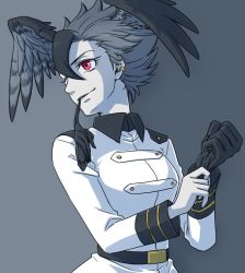 Rule 34 | 10s, 1girl, bad id, bad twitter id, black hair, earrings, feathered wings, fukai (yas lions), glove in mouth, gloves, unworn gloves, grey background, grey hair, harpy eagle (kemono friends), head wings, jewelry, kemono friends, military, military uniform, mouth hold, multicolored hair, one eye closed, pink eyes, simple background, solo, teeth, two-tone hair, uniform, upper body, wings