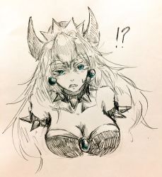 Rule 34 | !?, 1girl, angry, aqua eyes, armlet, bad id, bad link, bad twitter id, bare arms, bare shoulders, blue gemstone, bowsette, breasts, brooch, cleavage, collar, cropped torso, crown, earrings, gem, highres, horns, jewelry, large breasts, long hair, looking at viewer, mario (series), monochrome, new super mario bros. u deluxe, nintendo, sketch, solo, spiked armlet, spiked collar, spikes, spot color, super crown, traditional media