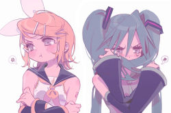 Rule 34 | 2girls, :i, :t, anger vein, angry, annoyed, aqua hair, aqua necktie, bare shoulders, blonde hair, blush, bow, covering own mouth, crossed arms, detached sleeves, grabbing another&#039;s hair, grey eyes, hair bow, hair in own mouth, hair ornament, hairclip, hatsune miku, highres, holding, holding hair, kagamine rin, long hair, looking away, multiple girls, necktie, number tattoo, pastel colors, pout, sailor collar, shirt, shoulder tattoo, sleeveless, sleeveless shirt, spoken anger vein, spoken squiggle, squiggle, tattoo, tearing up, treble clef, twintails, upper body, upset, v-shaped eyebrows, very long hair, vivinos, vocaloid