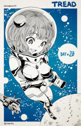 Rule 34 | 1girl, aries spring, astronaut, blue background, border, breasts, english text, full body, helmet, kanata no astra, large breasts, medium hair, moon, open mouth, smile, solo, space, space helmet, spacecraft, spacesuit, vinhnyu, white border
