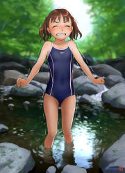 Rule 34 | 1girl, blue one-piece swimsuit, breasts, brown hair, clenched teeth, closed eyes, commentary request, competition school swimsuit, forest, highres, mu-pyon, nature, one-piece swimsuit, original, outdoors, rock, school swimsuit, short hair, small breasts, solo, standing, swimsuit, teeth, trembling, twintails, wading, water