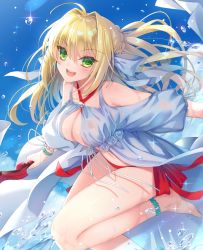 Rule 34 | 1girl, :d, ahoge, anklet, bare shoulders, barefoot, bead bracelet, beads, bikini, blonde hair, blue sky, blush, bracelet, braid, breasts, cleavage, clothing cutout, cloud, cloudy sky, collarbone, commentary request, cowboy shot, criss-cross halter, day, dress, fate/grand order, fate (series), french braid, gown, green eyes, hair bun, hair intakes, hair ornament, halterneck, hands up, highres, holding, holding sword, holding weapon, jewelry, kuro futoshi, large breasts, leaning forward, leg up, long hair, looking at viewer, navel, nero claudius (fate), nero claudius (fate) (all), nero claudius (swimsuit caster) (fate), nero claudius (swimsuit caster) (third ascension) (fate), open mouth, outdoors, red bikini, short sleeves, shoulder cutout, side-tie bikini bottom, sidelocks, single hair bun, sky, smile, solo, sparkle, standing, standing on one leg, striped bikini, striped clothes, swimsuit, sword, teeth, twintails, upper teeth only, very long hair, water, weapon, white bikini, wide sleeves