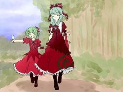 Rule 34 | 2girls, aqua hair, arm ribbon, bag, boots, bow, child, clothes pull, cross-laced footwear, dress, closed eyes, female focus, food, front ponytail, green eyes, green hair, hair bow, hair ornament, hair ribbon, hakano shinshi, holding, kagiyama hina, long hair, mother and daughter, multiple girls, pointing, popsicle, red dress, ribbon, short hair, skirt, skirt hold, skirt pull, touhou, tree
