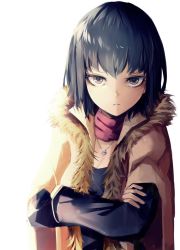 Rule 34 | 1girl, black eyes, black hair, black shirt, breasts, chiruru96, cleavage, closed mouth, coat, crossed arms, frown, fur, heart, heart necklace, highres, jewelry, long sleeves, looking at viewer, necklace, original, red scarf, scarf, shirt, short hair, solo, upper body