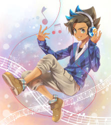 Rule 34 | 10s, 1boy, absurdres, argyle, argyle clothes, argyle sweater, bad id, bad pixiv id, beamed semiquavers, blue hair, brown hair, gradient background, headphones, highres, inazuma eleven (series), inazuma eleven go, inazuma eleven go galaxy, male focus, matatagi hayato, matsumoto achi, multicolored hair, musical note, quaver, solo, staff (music), sweater, two-tone hair