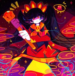 Rule 34 | 1girl, abstract background, artist name, ashley (warioware), black hair, colorful, dress, eyebrows, female focus, hair between eyes, hairband, highres, holding, holding wand, homriette, long hair, long sleeves, looking at viewer, neckwear request, nintendo, orange hairband, orange neckwear, red dress, red eyes, shaded face, sidelocks, skull, solo, speech bubble, spoken skull, standing, star (symbol), twintails, very long hair, wand, warioware, wide-eyed