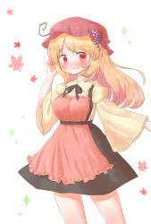 Rule 34 | 1girl, aki minoriko, alternate hair length, alternate hairstyle, apron, arinu, black ribbon, blonde hair, blush, cowboy shot, dress, food-themed hair ornament, grape hair ornament, grape vine, hair ornament, hand in own hair, highres, leaf, looking at viewer, maple leaf, neck ribbon, plant, red apron, red eyes, ribbon, smile, solo, touhou, vines, white background, wide sleeves