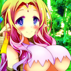 Rule 34 | 1girl, bad id, bad pixiv id, blonde hair, blue eyes, blush, breasts, closed mouth, elf, feel nilvalen, forehead jewel, gradient hair, hair ornament, highres, large breasts, long hair, looking at viewer, mimi0846, multicolored hair, no game no life, pointy ears, smile, solo, symbol-shaped pupils, underboob, very long hair