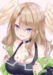 Rule 34 | 1girl, :d, black bodysuit, black choker, black jacket, blue eyes, blush, bodysuit, breast tattoo, breasts, brown hair, choker, cleavage, eunie (xenoblade), feathered wings, hair between eyes, head wings, highres, hood, jacket, large breasts, long hair, long sleeves, looking at viewer, medium hair, nanase nao, off shoulder, open clothes, open jacket, open mouth, pink background, simple background, sleeveless, sleeveless bodysuit, smile, solo, tattoo, upper body, white wings, wings, xenoblade chronicles (series), xenoblade chronicles 3