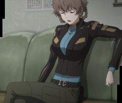 Rule 34 | 1girl, amane suzuha, braid, breasts, brown hair, couch, closed eyes, highres, indoors, jacket, long hair, open mouth, pants, screencap, sitting, solo, steins;gate, steins;gate 0, stitched, third-party edit, twin braids