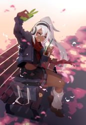 Rule 34 | 1girl, azur lane, bag, bandaid, bandaid on face, bench, black skirt, cellphone, coffee cup, commentary, crop top, cup, dark-skinned female, dark skin, disposable cup, drinking straw, english commentary, finni chang, full body, hair between eyes, headphones, high ponytail, highres, leg warmers, loafers, long hair, midriff, minneapolis (azur lane), minneapolis (wild huntress schoolgirl) (azur lane), navel, petals, phone, plaid, plaid scarf, pleated skirt, red eyes, red scarf, scarf, school uniform, selfie, serafuku, shoes, silver hair, sitting, skirt, smartphone, smartphone case, solo, toned