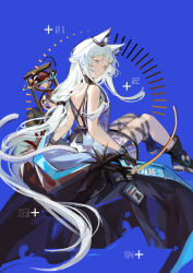 Rule 34 | 1girl, absurdres, animal ears, arknights, bare back, bare shoulders, black cape, blue background, cape, cat ears, cat girl, cat tail, dress, from behind, green eyes, grey hair, highres, hood, hooded cape, id card, long hair, looking at viewer, looking back, neriash, rhodes island logo (arknights), rosmontis (arknights), simple background, sitting, sleeveless, sleeveless dress, solo, tail, unworn cape, white dress