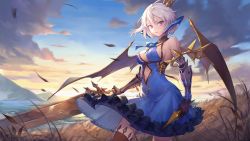 Rule 34 | 1girl, black gloves, black thighhighs, blue dress, blue horns, blue ribbon, blue sky, breasts, cleavage, closed mouth, clothing cutout, cloud, commentary, cowboy shot, crown, dragon girl, dragon horns, dragon wings, dress, fafnir (masterwork apocalypse), gloves, gold trim, grass, halter dress, halterneck, hansiam, highres, holding, holding sword, holding weapon, horns, looking at viewer, masterwork apocalypse, medium breasts, mountainous horizon, outdoors, purple eyes, ribbon, short hair, sideboob, sky, solo, standing, stomach cutout, sword, thighhighs, vambraces, weapon, white hair, wings