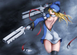 Rule 34 | 1girl, arc system works, ass, back, back cutout, backless outfit, beret, black thighhighs, blazblue, blonde hair, clothing cutout, detached sleeves, dress, dual wielding, from behind, gloves, green eyes, gun, hat, highres, holding, long hair, looking back, noel vermillion, short dress, solo, thighhighs, tsuchi ryuu, weapon, white gloves