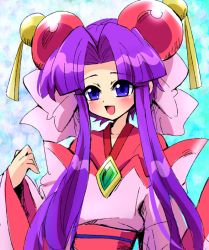 Rule 34 | 1990s (style), 1girl, aqua background, bad id, bad pixiv id, blue eyes, bow, cherry (saber j), hair ornament, japanese clothes, long hair, open-mail, pink bow, purple hair, saber marionette j, solo