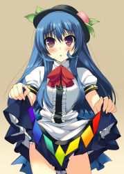 Rule 34 | 1girl, amanooni touri, bad id, bad pixiv id, blue hair, blush, clothes lift, dress, dress lift, embarrassed, female focus, food, foreshortening, fruit, hat, hinanawi tenshi, long hair, no panties, peach, red eyes, simple background, solo, standing, touhou