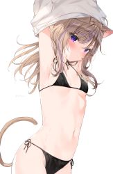 Rule 34 | 1girl, animal ear fluff, animal ears, arms up, bikini, black bikini, blush, breasts, brown hair, cat ears, cat girl, cat tail, closed mouth, collarbone, commentary request, groin, hair between eyes, hair ornament, hairclip, halterneck, highres, leo (mafuyu), long hair, looking at viewer, mafuyu (chibi21), multicolored hair, navel, original, purple eyes, purple hair, shirt, side-tie bikini bottom, simple background, small breasts, solo, streaked hair, swimsuit, tail, undressing, white background, white shirt