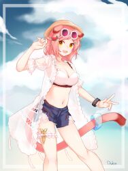 Rule 34 | 1girl, :d, absurdres, animal ears, arknights, bikini, bikini under clothes, blue shorts, breasts, cat ears, cat girl, cat tail, cleavage, cloud, duku (hus7788950), eyewear on head, feet out of frame, floppy ears, food-themed hair ornament, goldenglow (arknights), goldenglow (summer flowers) (arknights), hair ornament, hairclip, hand up, highres, jacket, looking at viewer, medium breasts, navel, official alternate costume, open clothes, open jacket, open mouth, pink-tinted eyewear, see-through, see-through jacket, short sleeves, shorts, signature, smile, solo, stomach, sunglasses, swimsuit, tail, tail ornament, tail ring, tinted eyewear, v, watermelon hair ornament, white bikini, white jacket, yellow eyes