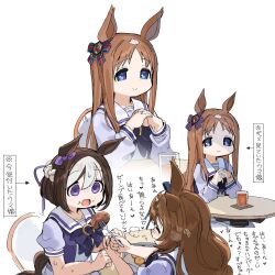 Rule 34 | 3girls, animal ears, arrow (symbol), blue eyes, blush, bow, bowtie, breath, brown hair, closed eyes, cup, feeding, food, food on face, fork, grass wonder (umamusume), highres, holding, holding fork, horse ears, horse girl, horse tail, long hair, multicolored hair, multiple girls, multiple views, open mouth, own hands together, purple eyes, purple shirt, sailor collar, shaded face, shirt, short hair, short sleeves, smile, spawnfoxy, special week (umamusume), super creek (umamusume), sweat, table, tail, translation request, two-tone hair, umamusume, vector trace, white background