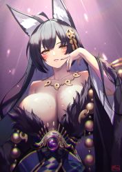 Rule 34 | 1girl, ahoge, animal ears, azur lane, bare shoulders, black hair, blush, breasts, cleavage, facial mark, fingernails, fox ears, fur-trimmed kimono, fur trim, hair ornament, highres, huge breasts, japanese clothes, jewelry, kimono, long fingernails, long hair, looking at viewer, magatama, magatama necklace, musashi (azur lane), necklace, off shoulder, parted lips, purple background, shimotsuki shio, sidelocks, smile, solo, sparkle background, upper body, wet, wide sleeves, yellow eyes