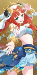 Rule 34 | 1girl, absurdres, aqua eyes, arm up, blue skirt, blush, breasts, circlet, clothing cutout, commentary request, crop top, dancer, from side, genshin impact, gold trim, harem outfit, highres, horns, long hair, long sleeves, looking at viewer, low twintails, medium breasts, midriff, nilou (genshin impact), open mouth, outstretched hand, puffy long sleeves, puffy sleeves, red hair, skirt, smile, solo, thighlet, thighs, twintails, veil, vision (genshin impact), water, white headwear, yaaben