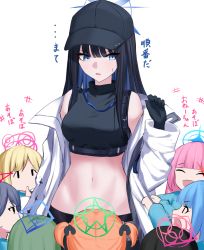 Rule 34 | 6+girls, armband, bare shoulders, baseball cap, belt, black belt, black gloves, black hair, black headwear, black pants, black shirt, blonde hair, blue archive, blue eyes, blue hair, blunt bangs, breasts, buckle, chest harness, closed eyes, clothes tug, coat, commentary request, cowboy shot, crop top, gloves, green hair, groin, halo, hand up, harness, hat, long hair, medium breasts, midriff, multiple girls, navel, nichijo, no mask, off shoulder, open mouth, orange hair, pants, pink hair, saori (blue archive), shirt, sleeveless, sleeveless shirt, snap-fit buckle, standing, sweatdrop, translation request, twintails, underbust, white coat