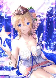 Rule 34 | 1girl, bare shoulders, blonde hair, blue eyes, breasts, cleavage, closed mouth, collarbone, dress, europa (granblue fantasy), flower, granblue fantasy, hair between eyes, hair flower, hair ornament, large breasts, looking at viewer, matsuki tou, short hair, sitting, smile, solo, tiara, white dress