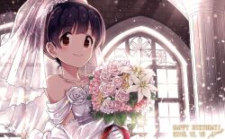 Rule 34 | 1girl, artist name, black hair, blunt bangs, bouquet, bridal gauntlets, bridal veil, brown eyes, church, dated, dress, earrings, flower, happy birthday, high side ponytail, holding, holding bouquet, idolmaster, idolmaster million live!, idolmaster million live! theater days, ima (lm ew), jewelry, light smile, lily (flower), looking at viewer, nakatani iku, pink flower, pink rose, rose, short hair, short ponytail, sidelocks, solo, sparkle, sunlight, upper body, veil, wedding, wedding dress, white flower, white rose