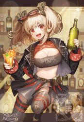 1girl :d bar_(place) black_jacket black_skirt black_thighhighs blonde_hair bottle breasts burnice_white cleavage cup eyewear_on_head highres holding holding_bottle holding_cup jacket kozou_kazaru looking_at_viewer medium_breasts open_clothes open_jacket open_mouth red_eyes skirt smile solo sunglasses thighhighs thighs twintails zenless_zone_zero zettai_ryouiki