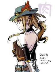 Rule 34 | 1girl, arms behind back, bare shoulders, feathers, gloves, glue gun (ole tower), hat, hat feather, light brown hair, long hair, nacht (nacht 01), ole tower, orange eyes, ponytail, profile, sidelocks, simple background, solo, white background, white gloves