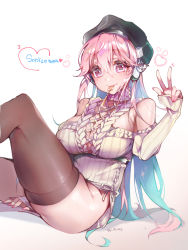Rule 34 | 1girl, absurdres, blush, breasts, cleavage, copyright name, dress, headphones, heart, heart-shaped pupils, highres, kanola u, large breasts, looking at viewer, mascot, nitroplus, no panties, over-kneehighs, pink eyes, pink hair, sleeves past wrists, solo, super sonico, sweater, sweater dress, symbol-shaped pupils, thighhighs, thighs, utensil in mouth, virtual youtuber