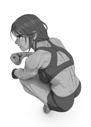 Rule 34 | 1girl, absurdres, back, barefoot, bottle, fingerless gloves, from behind, gloves, greyscale, highres, john doe, monochrome, muscular, muscular female, open mouth, original, short shorts, shorts, solo, sports bra, squatting, sweat, water bottle, white background