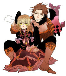 Rule 34 | 1boy, 1girl, alvin (tales), bad id, bad pixiv id, blonde hair, boots, brown eyes, brown hair, coat, creature, dress, elize lutus, gloves, height difference, knee boots, long hair, ribbon, short hair, sitting, smile, sudachips, tales of (series), tales of xillia, teepo (tales), white background, yellow eyes
