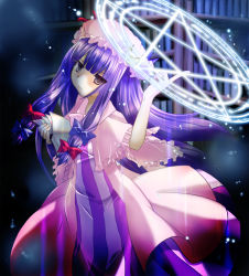 Rule 34 | 1girl, bad id, bad pixiv id, blue bow, book, bow, capelet, crescent, crescent hair ornament, dress, female focus, frilled capelet, frills, hair bow, hair ornament, hat, hime cut, index finger raised, library, long hair, magic circle, magician, misato miyu, mob cap, multiple hair bows, open book, patchouli knowledge, pentagram, pink hat, purple hair, red bow, serious, solo, star (symbol), striped clothes, striped dress, touhou