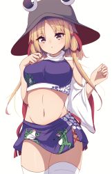 Rule 34 | 1girl, animal print, bare shoulders, blonde hair, blush, breasts, brown hat, darumoon, frog print, hair ribbon, hand on own chest, hands up, hat, highres, long sleeves, looking at viewer, medium breasts, microskirt, moriya suwako, navel, off-shoulder shirt, off shoulder, open mouth, parted bangs, purple skirt, purple vest, red ribbon, ribbon, shirt, short hair, short hair with long locks, sidelocks, simple background, skirt, solo, standing, stomach, thighhighs, touhou, tress ribbon, vest, white background, white shirt, white thighhighs, wide sleeves, yellow eyes