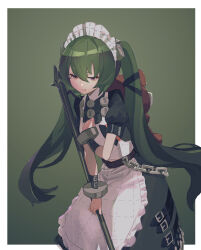 1girl absurdres apron belt black_belt black_dress border chain commentary_request corin_wickes cowboy_shot cuffs dress frilled_apron frills green_hair hair_between_eyes hand_on_own_chest highres holding long_hair looking_at_viewer maid maid_apron maid_headdress outside_border partial_commentary puffy_short_sleeves puffy_sleeves purple_eyes raywallin screw_hair_ornament short_sleeves solo standing stuffed_animal stuffed_toy teddy_bear twintails white_apron white_border zenless_zone_zero