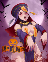 Rule 34 | 1girl, blush, breasts, chinese clothes, claws, detached sleeves, halloween, hat, head back, highres, hijab, hijabolic, jiangshi, large breasts, lipstick, makeup, night, open mouth, outstretched arms, purple sleeves, red eyes, solo, standing, talisman, teeth, thick thighs, thighs, wide hips, wide sleeves
