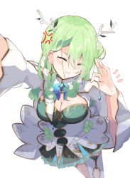 Rule 34 | 1girl, absurdres, anger vein, antlers, breasts, ceres fauna, cleavage, closed eyes, closed mouth, earrings, flower, foreshortening, green hair, hair flower, hair ornament, highres, hololive, hololive english, horns, jewelry, kumoi sora, leaf, long hair, medium breasts, mole, mole under eye, pout, simple background, solo, virtual youtuber, white background