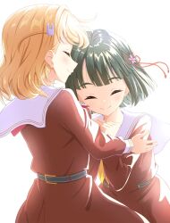 Rule 34 | 2girls, blunt bangs, blunt ends, brown dress, clenched hands, closed eyes, closed mouth, commentary request, crossed bangs, dress, flower, flower knot, green hair, hair flower, hair ornament, hasu no sora school uniform, highres, hinoshita kaho, imminent hug, link! like! love live!, long sleeves, love live!, medium hair, momose ginko, multiple girls, neckerchief, orange hair, own hands together, pleated dress, qy73, rabbit hair ornament, red neckerchief, sailor collar, sailor dress, school uniform, short hair, sideways mouth, simple background, smile, split mouth, two side up, virtual youtuber, white background, white sailor collar, winter uniform, yellow neckerchief