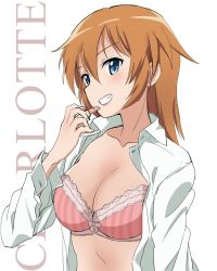 Rule 34 | 1girl, blue eyes, blush, bra, breasts, character name, charlotte e. yeager, cleavage, cosmetics, dress shirt, highres, kaneko (novram58), lipstick, lipstick tube, long hair, makeup, medium breasts, open clothes, orange hair, shirt, solo, strike witches, underwear, white background, world witches series