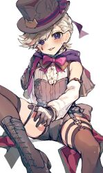 Rule 34 | 1boy, androgynous, black footwear, black hat, black shorts, blonde hair, blush, boots, brown thighhighs, brown vest, genshin impact, hat, highres, looking at viewer, lyney (genshin impact), male focus, purple eyes, shorts, smile, solo, teardrop facial mark, thigh strap, thighhighs, top hat, vest, white background, yoruhachi