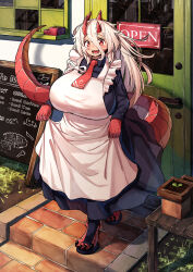 Rule 34 | 1girl, apron, asymmetrical horns, black dress, breasts, door, dragon girl, dragon horns, dragon tail, dress, english text, fang, full body, hair between eyes, highres, holding, holding clothes, holding dress, horns, huge breasts, kagarimachi konatsu, long hair, long sleeves, maid, menu board, neckerchief, open mouth, original, red eyes, red neckerchief, slit pupils, solo, standing, tail, uneven horns, very long hair, white apron, white hair